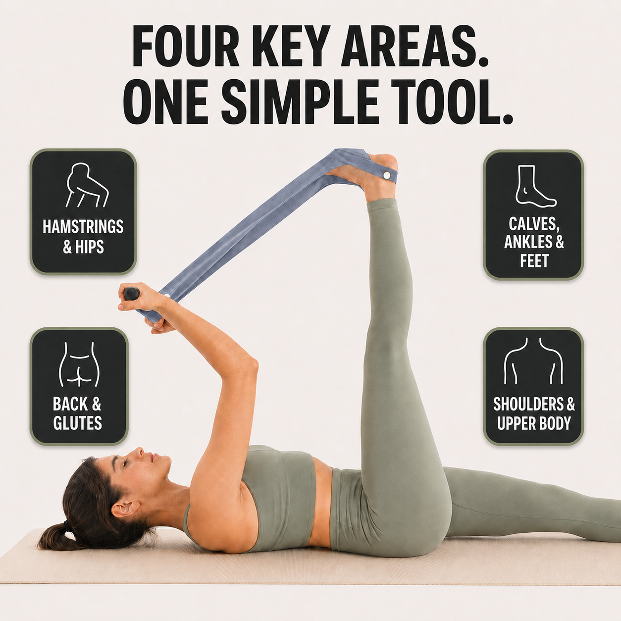Woman using Stretch Pro for a leg stretch, with callouts for hamstrings, hips, calves, ankles, feet, back, glutes, shoulders and upper body